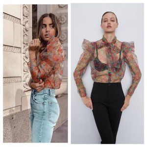 NEW Zara Puff Sleeve Floral Organza Long Blouse